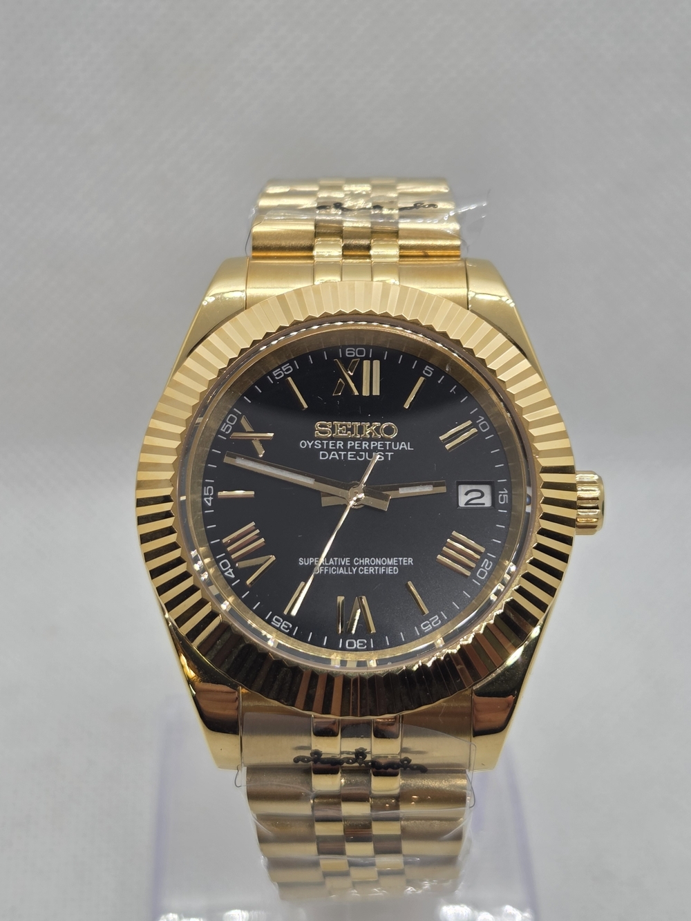 Custom 39mm Automatic Seiko Mod Watch Gold Datejust with Black Roman Dial NH35